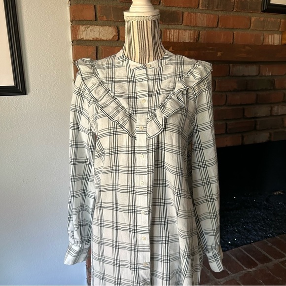 Madewell Plaid Ruffle-Yoke Shirtdress in White Windowpane Sz S - Picture 6 of 9